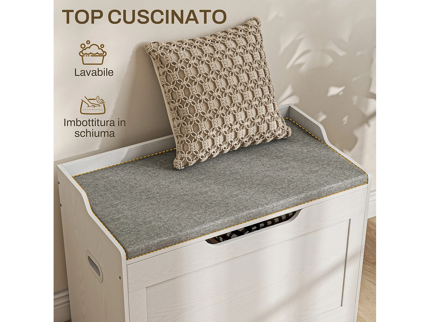 Panca contenitore con cuscino in legno e tessuto bianco e grigio