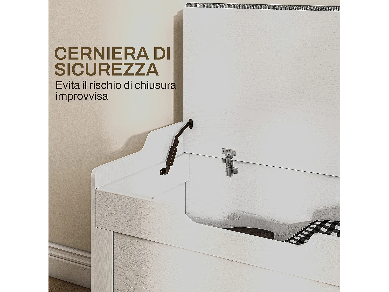 Panca contenitore con cuscino in legno e tessuto bianco e grigio