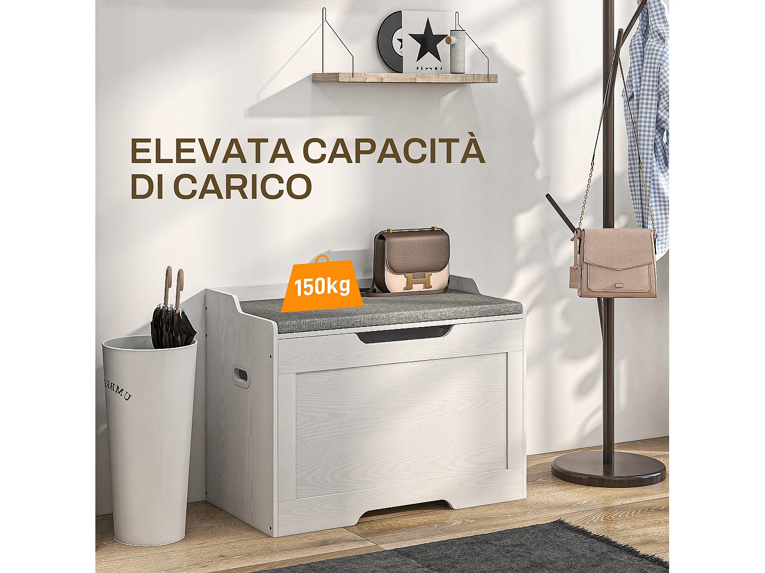 Panca contenitore con cuscino in legno e tessuto bianco e grigio