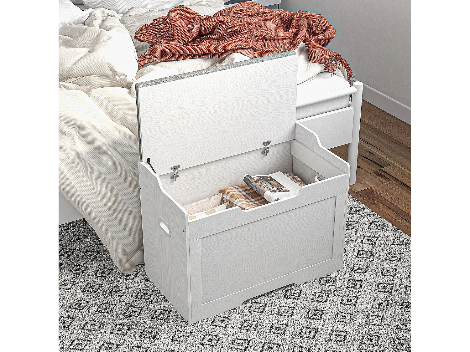 Panca contenitore con cuscino in legno e tessuto bianco e grigio