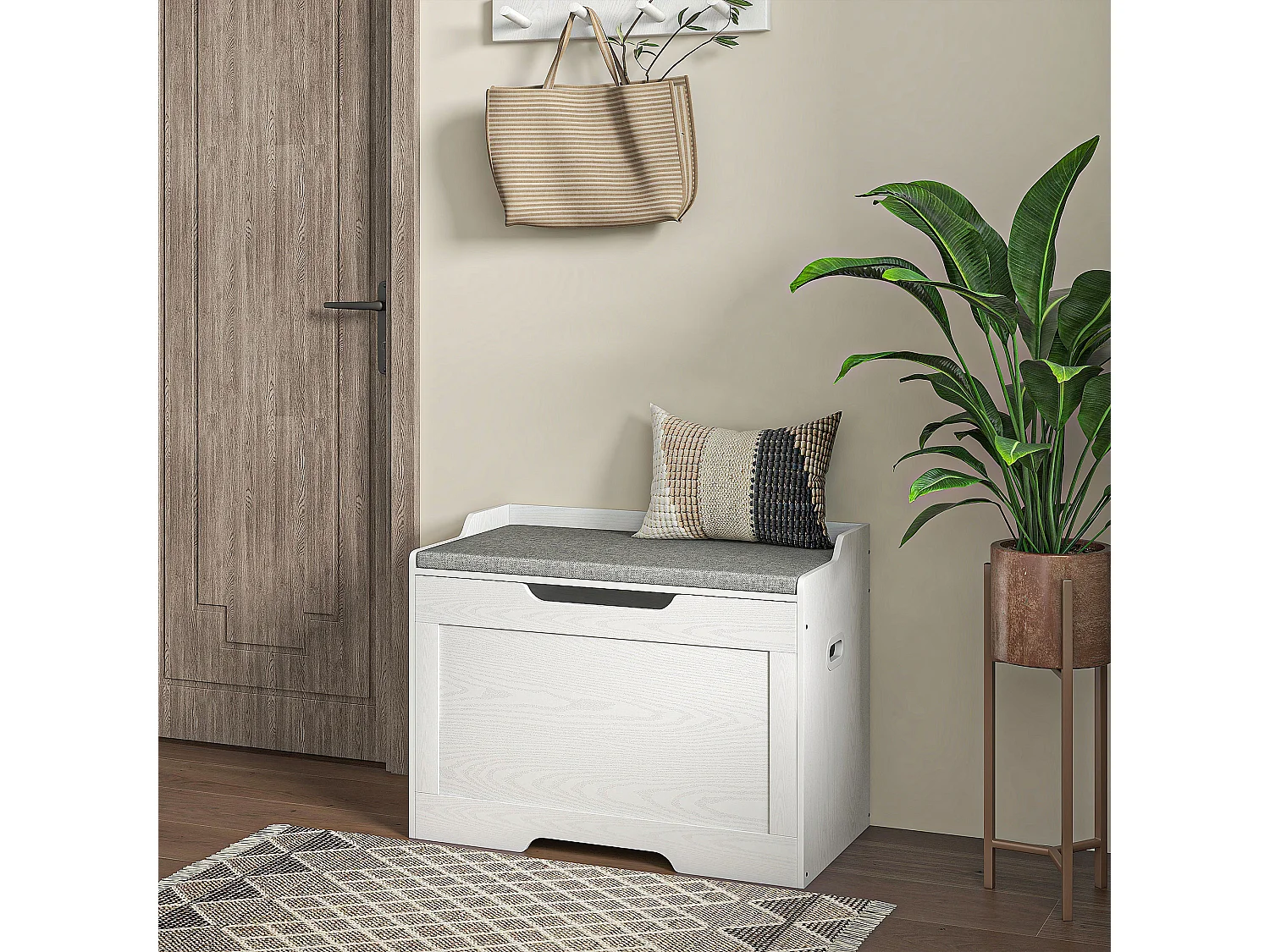 Panca contenitore con cuscino in legno e tessuto bianco e grigio