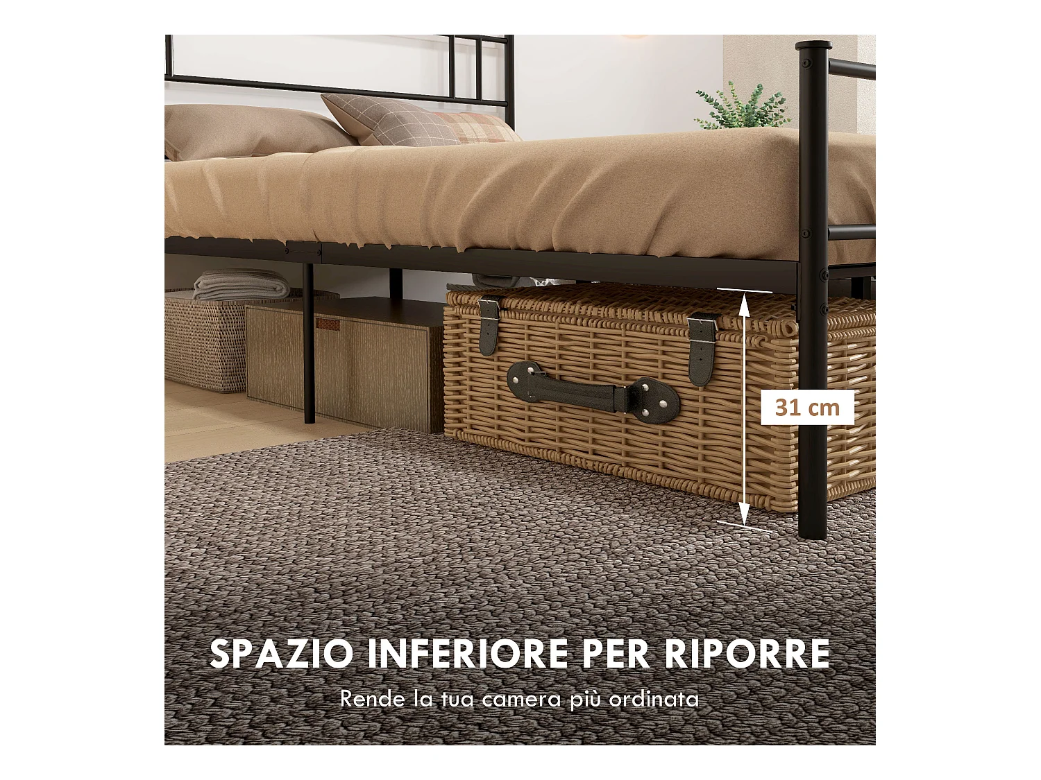 Letto una piazza e mezza 140x200cm con doghe e testiera acciaio