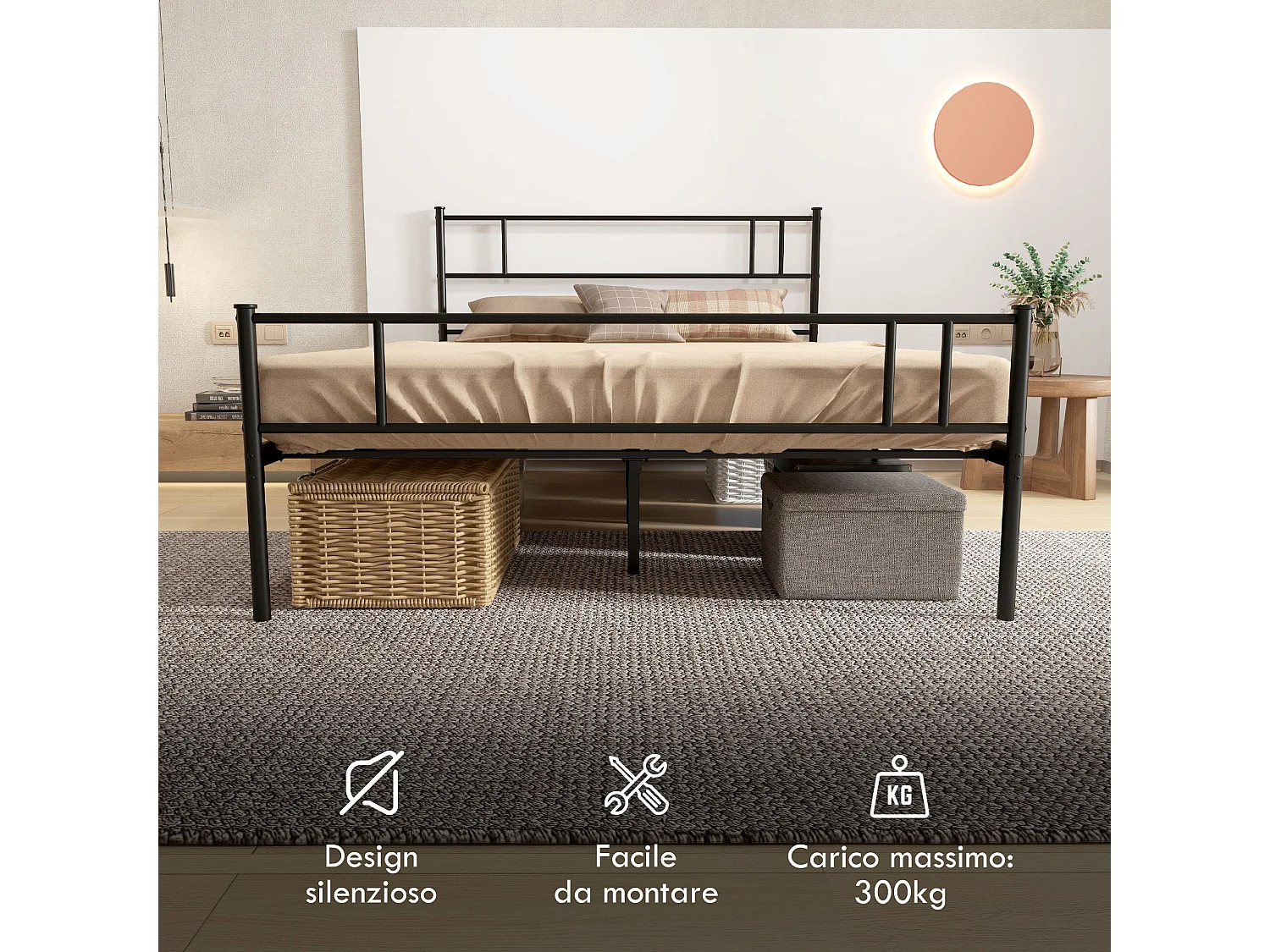 Letto una piazza e mezza 140x200cm con doghe e testiera acciaio