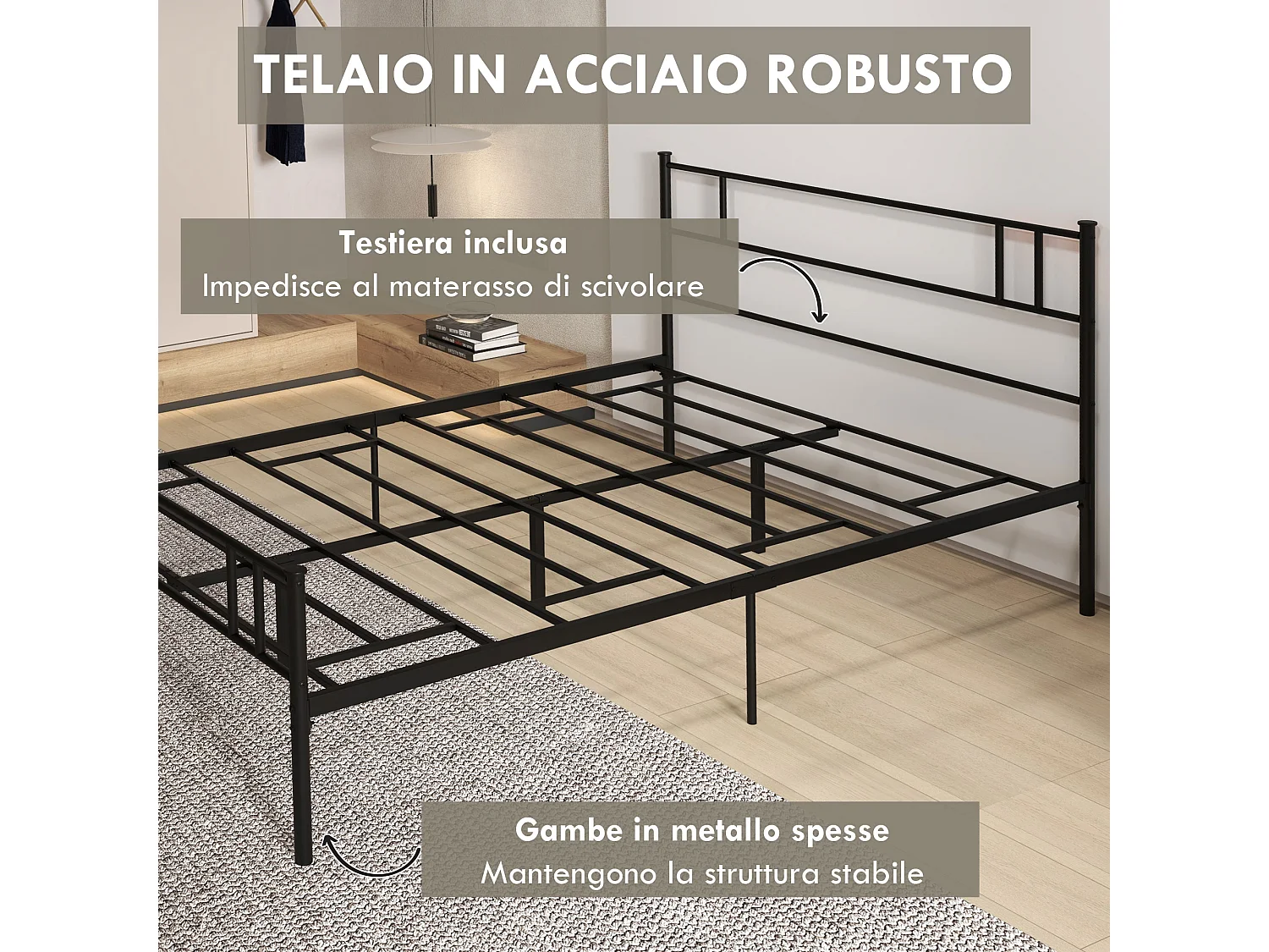 Letto una piazza e mezza 140x200cm con doghe e testiera acciaio