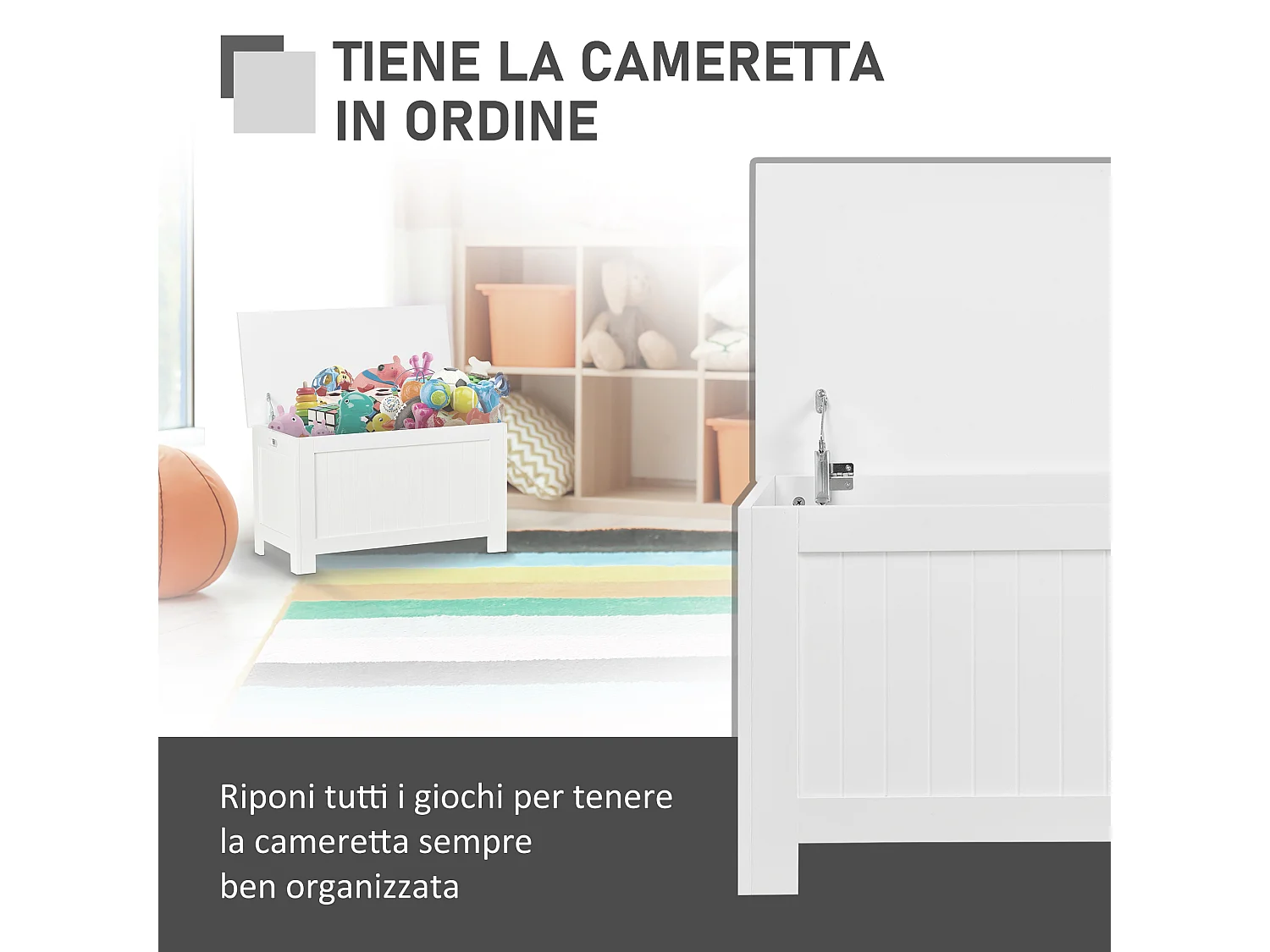 Panca contenitore mdf apertura con blocco di sicurezza bianco