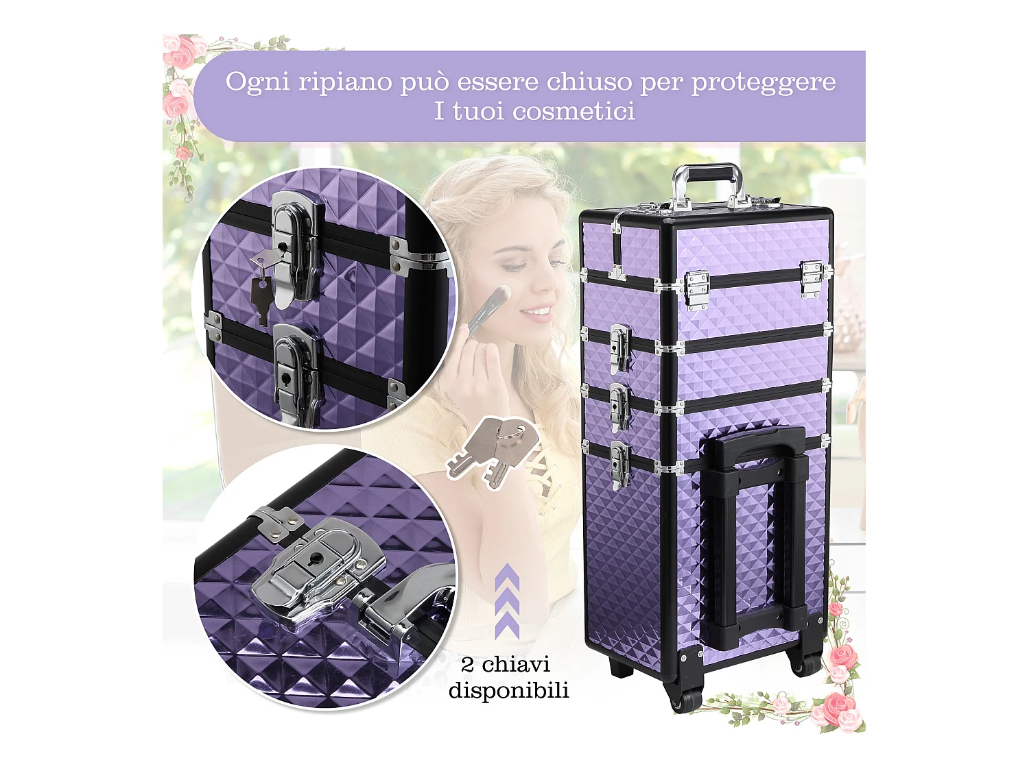 Valigia porta trucchi professionale in alluminio con 2 ruote viola