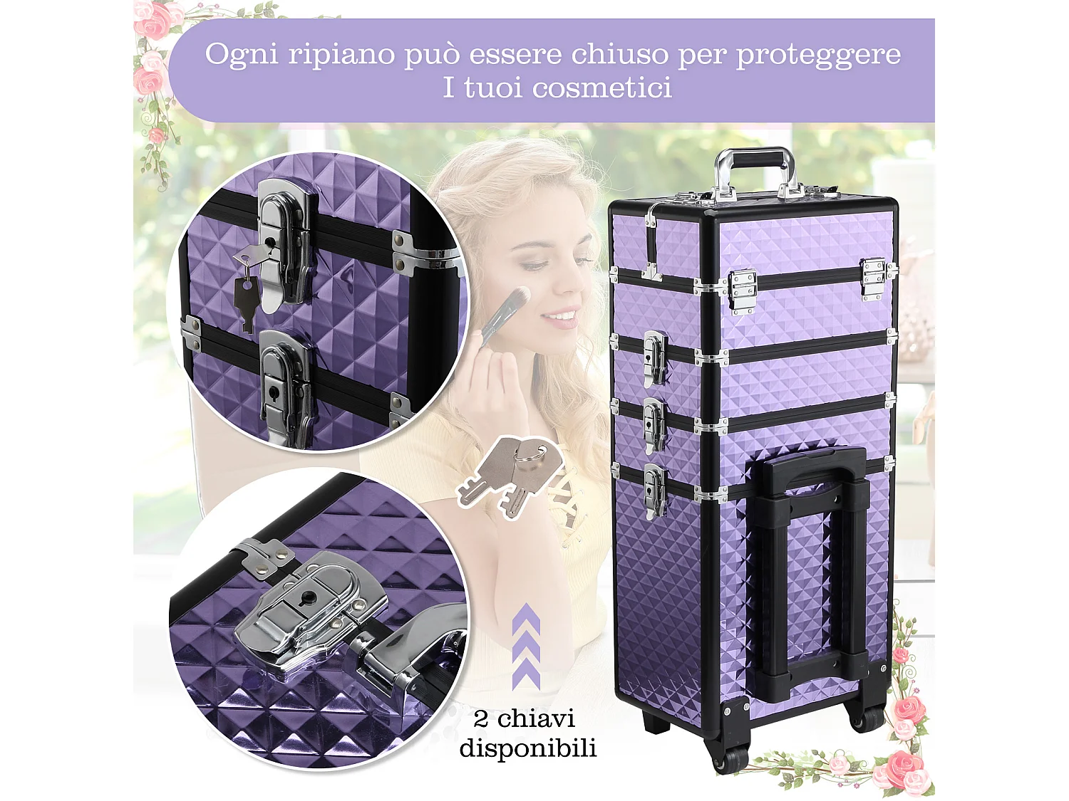 Valigia porta trucchi professionale in alluminio con 2 ruote viola