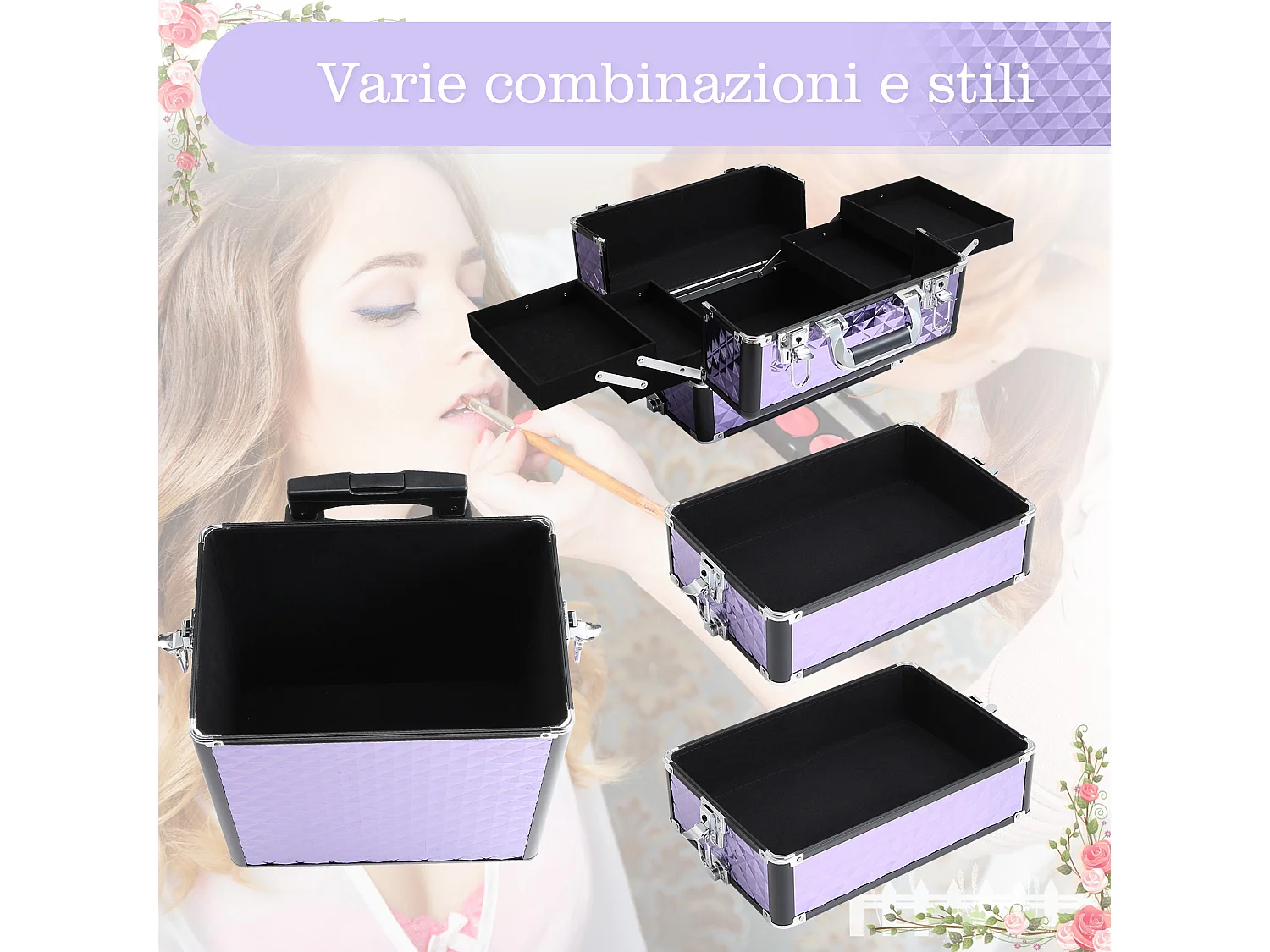 Valigia porta trucchi professionale in alluminio con 2 ruote viola