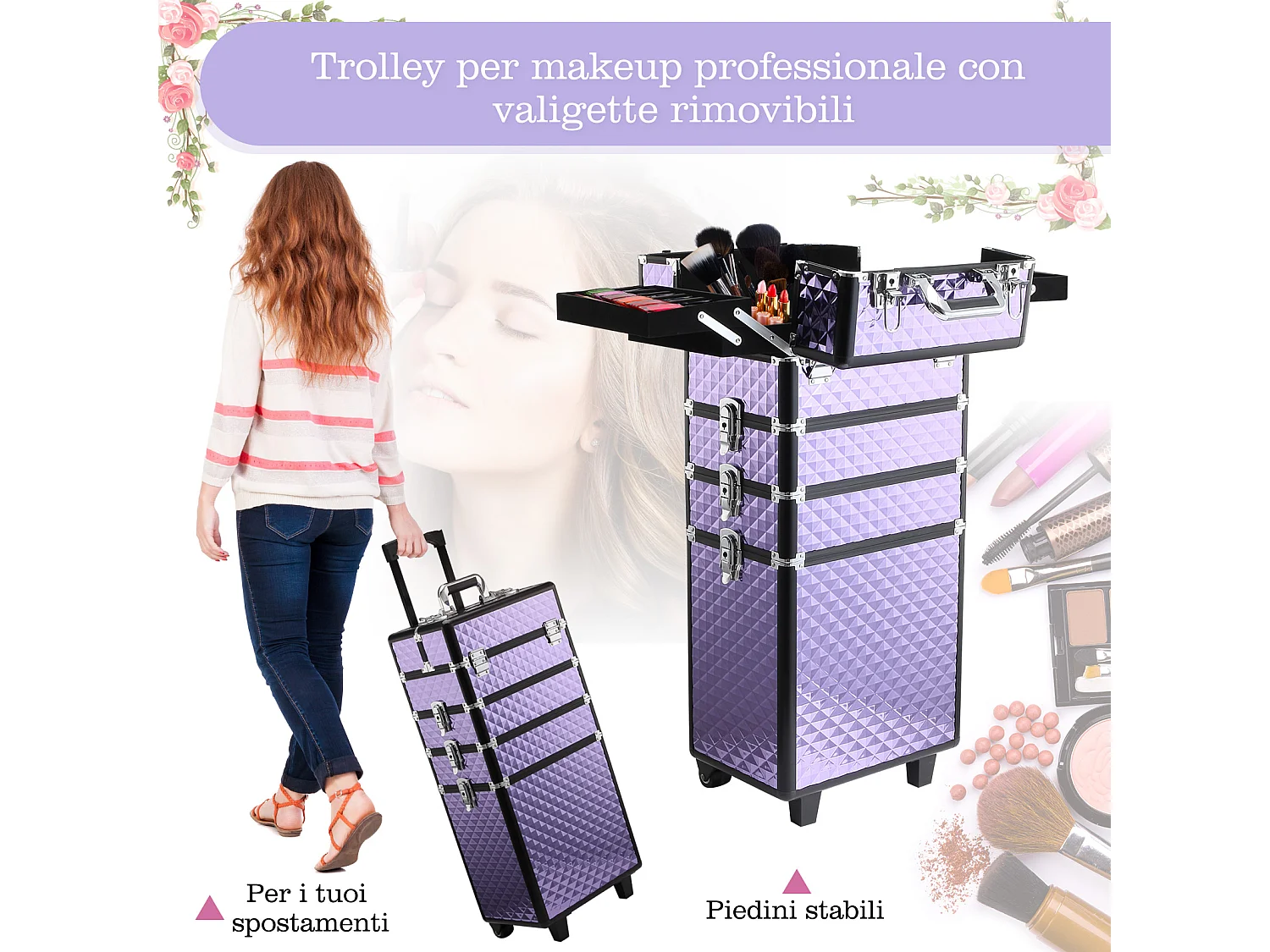 Valigia porta trucchi professionale in alluminio con 2 ruote viola
