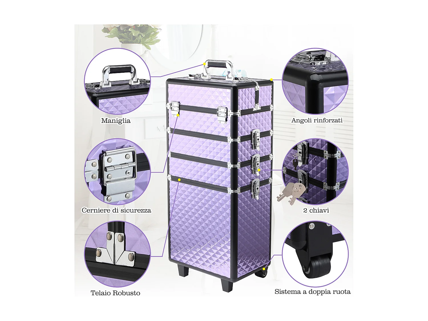 Valigia porta trucchi professionale in alluminio con 2 ruote viola