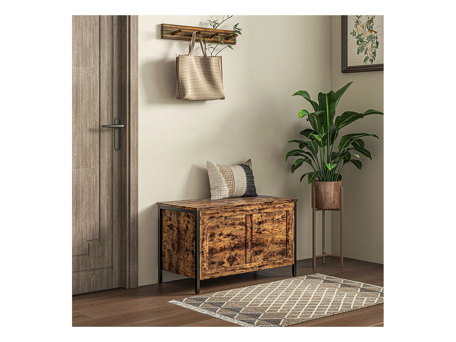 Cassapanca da 95l stile industriale con coperchio in legno marrone