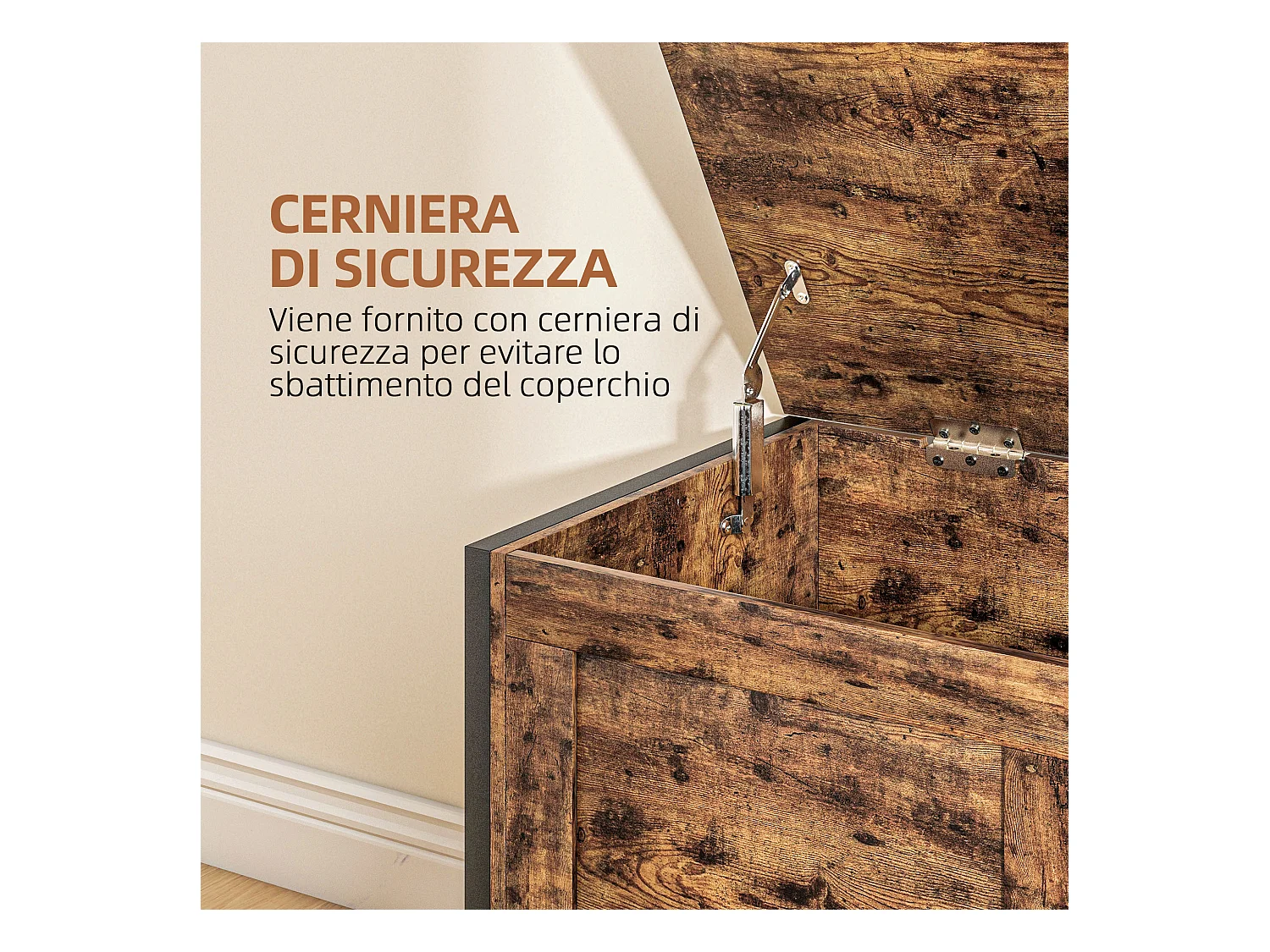 Cassapanca da 95l stile industriale con coperchio in legno marrone