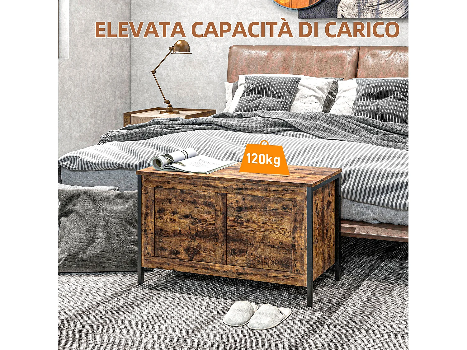 Cassapanca da 95l stile industriale con coperchio in legno marrone