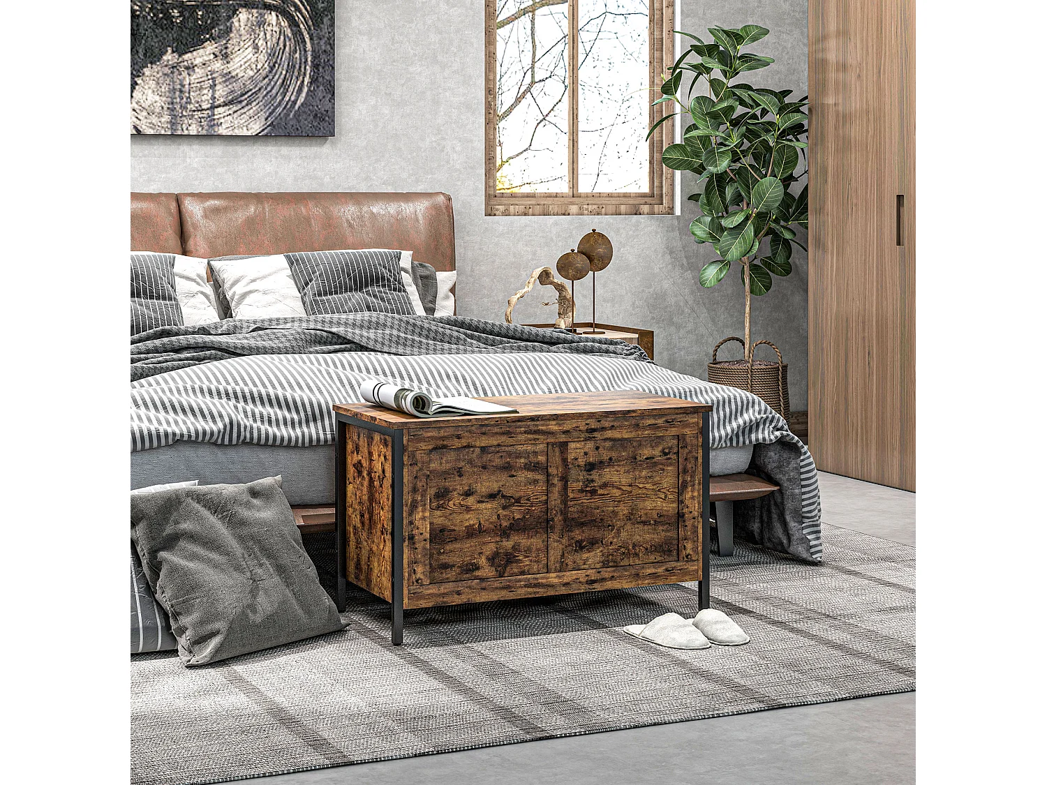 Cassapanca da 95l stile industriale con coperchio in legno marrone