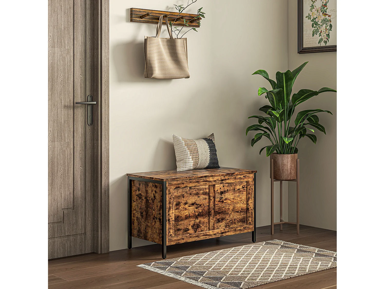 Cassapanca da 95l stile industriale con coperchio in legno marrone