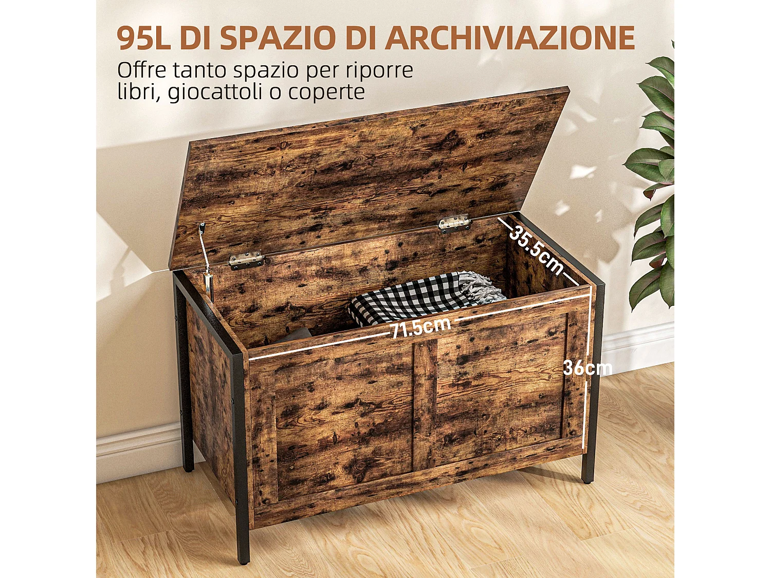 Cassapanca da 95l stile industriale con coperchio in legno marrone
