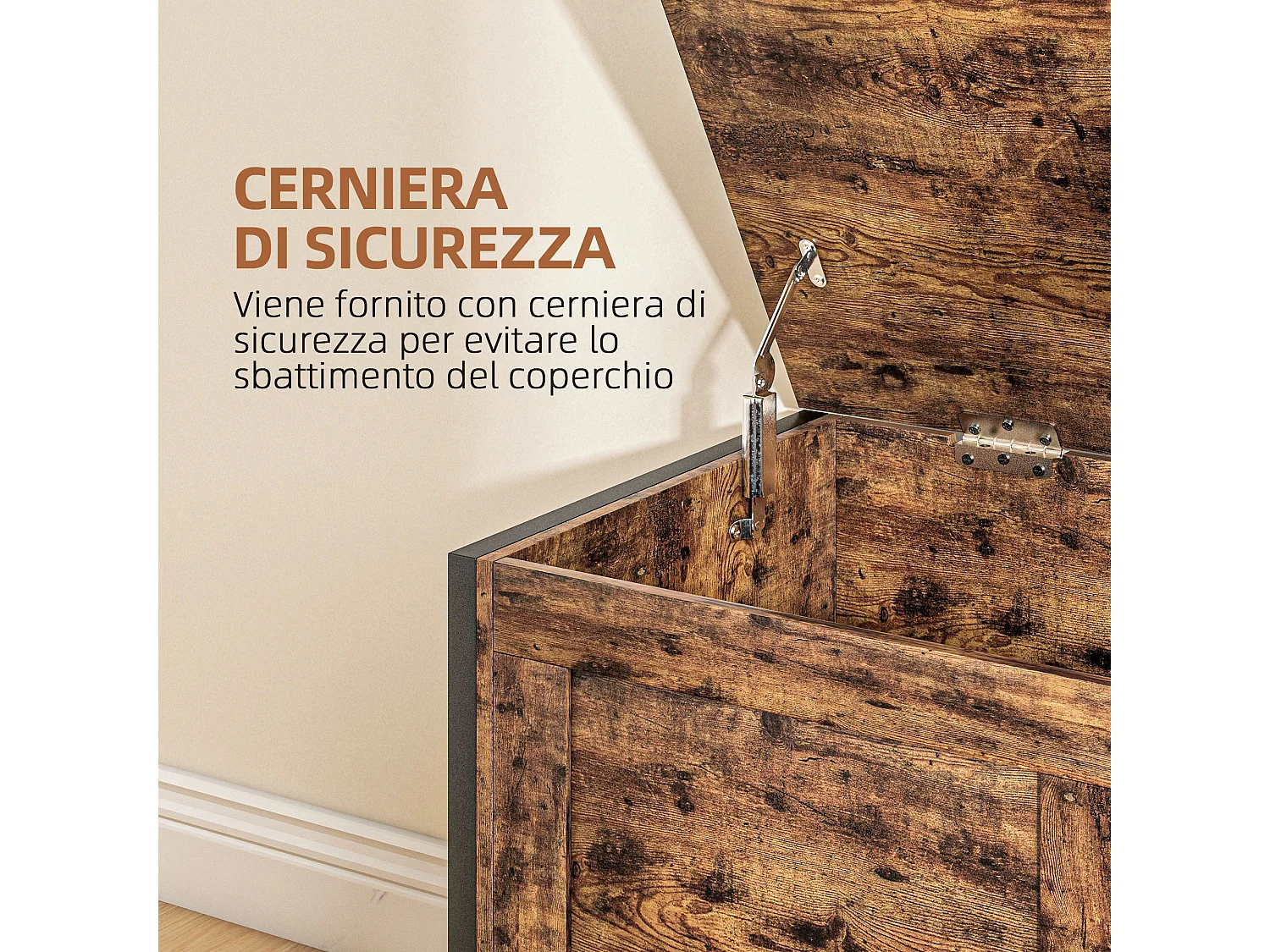 Cassapanca da 95l stile industriale con coperchio in legno marrone