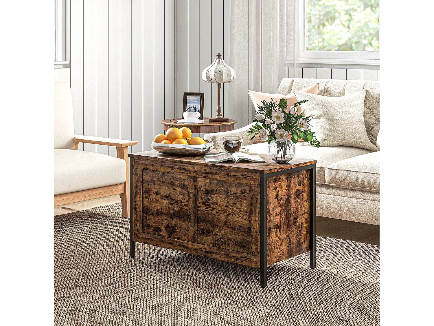 Cassapanca da 95l stile industriale con coperchio in legno marrone