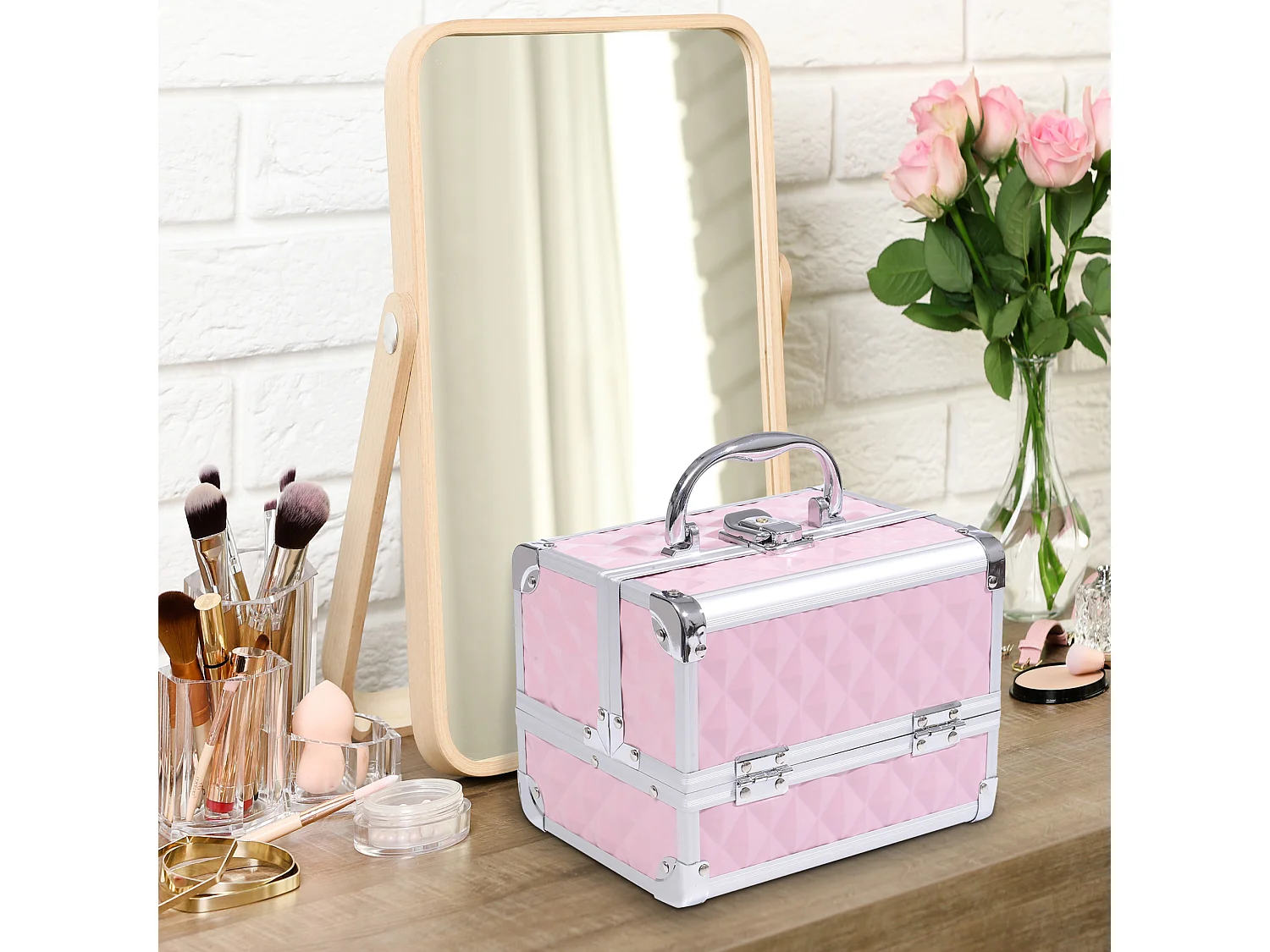 Valigetta porta trucchi con maniglia e profili alluminio rosa