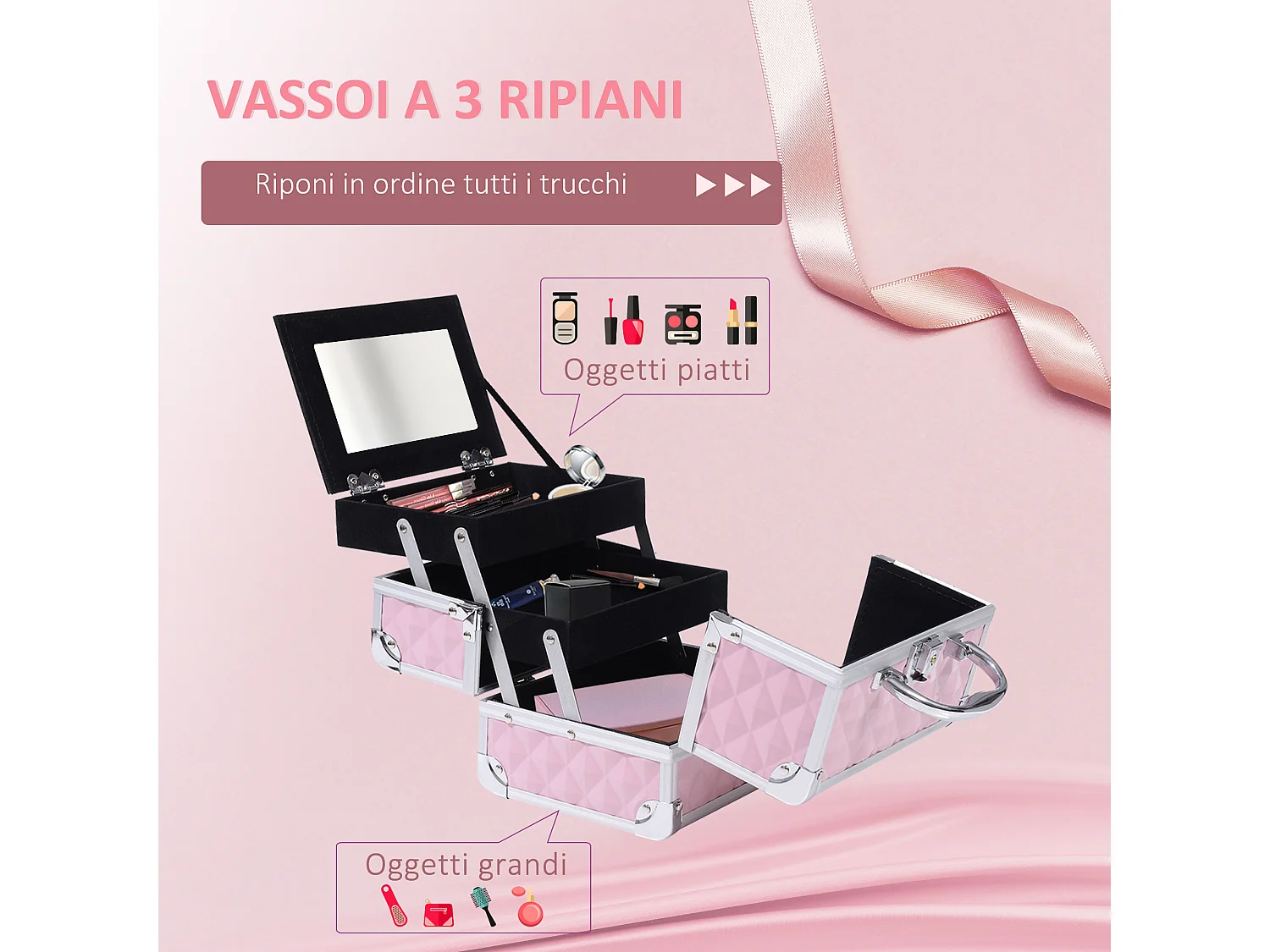 Valigetta porta trucchi con maniglia e profili alluminio rosa