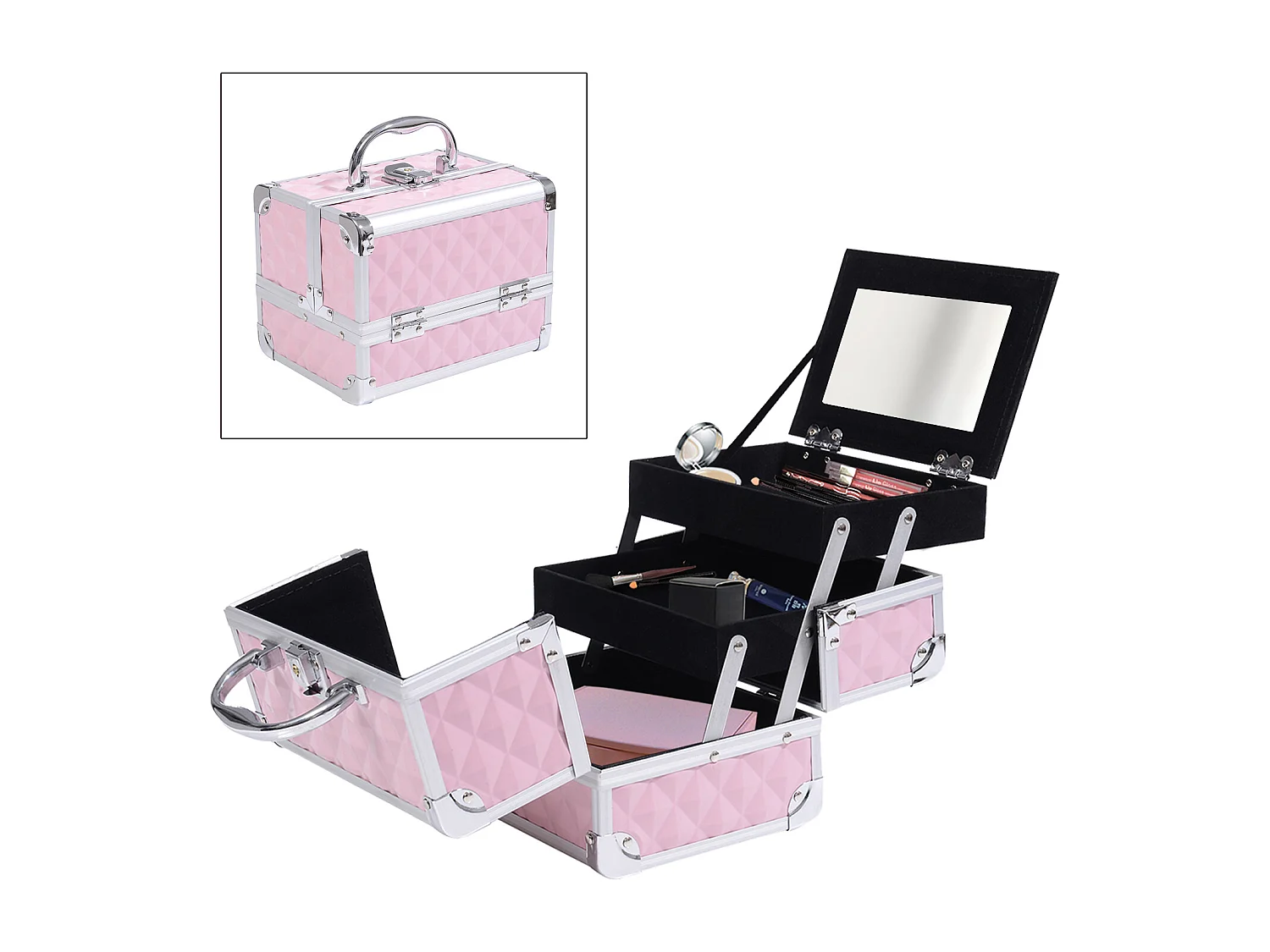 Valigetta porta trucchi con maniglia e profili alluminio rosa