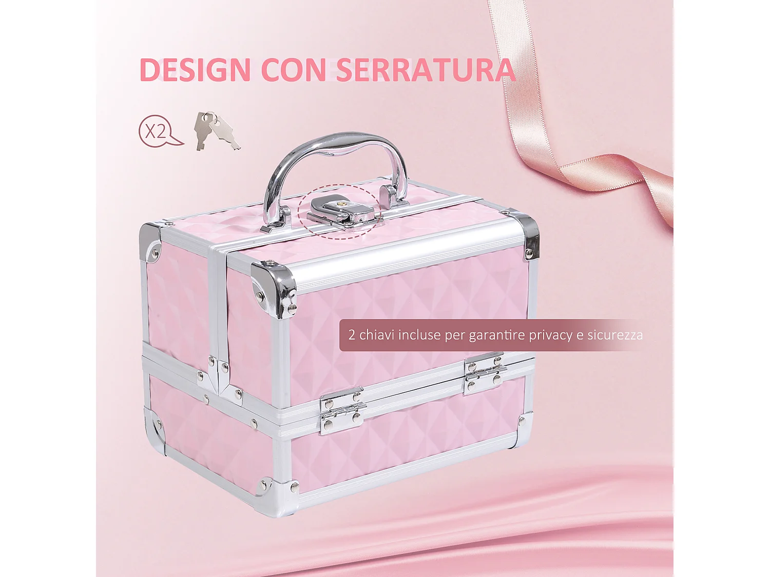 Valigetta porta trucchi con maniglia e profili alluminio rosa