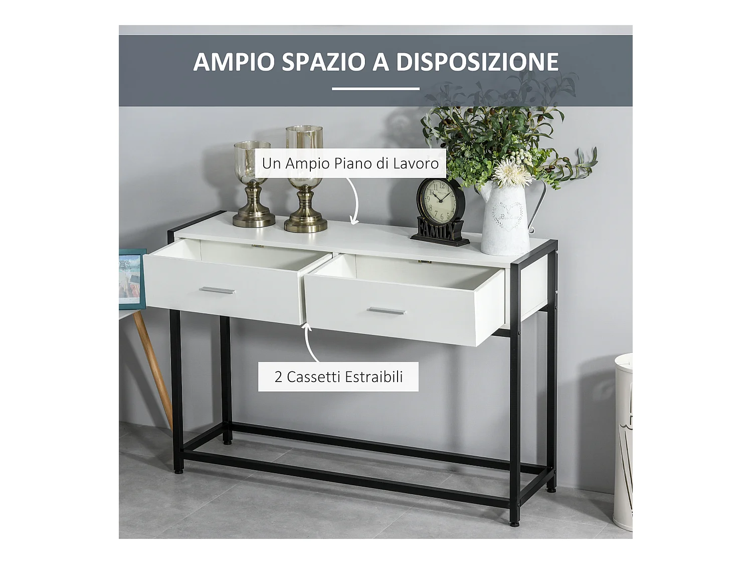 Consolle con cassetti piano d'appoggio metallo bianco