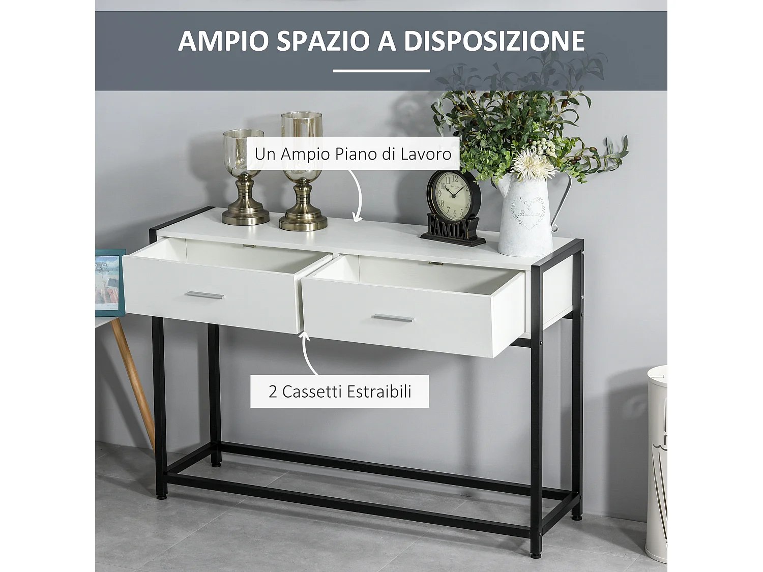 Consolle con cassetti piano d'appoggio metallo bianco