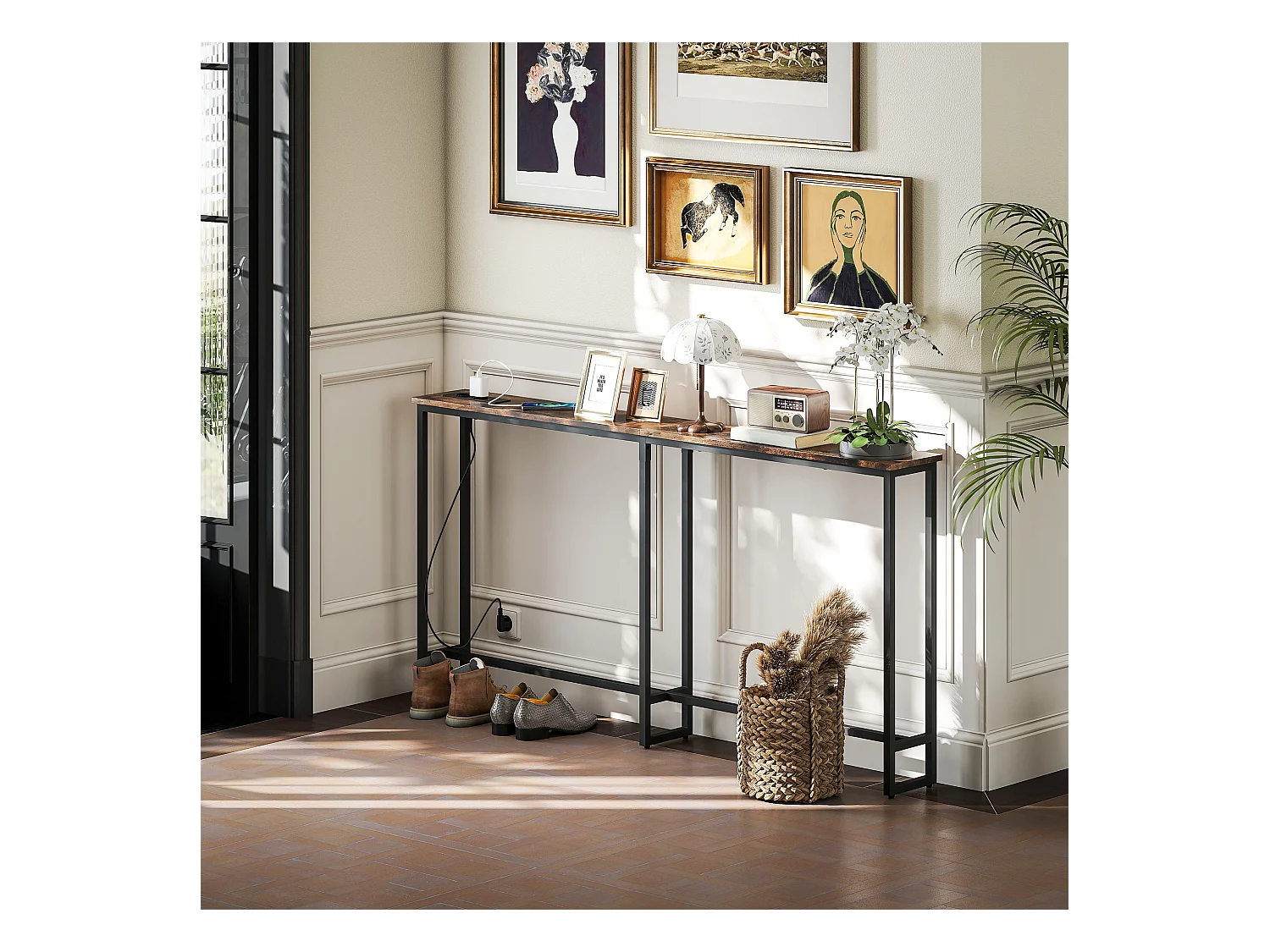 Tavolo consolle in stile industriale con stazione di ricarica marrone