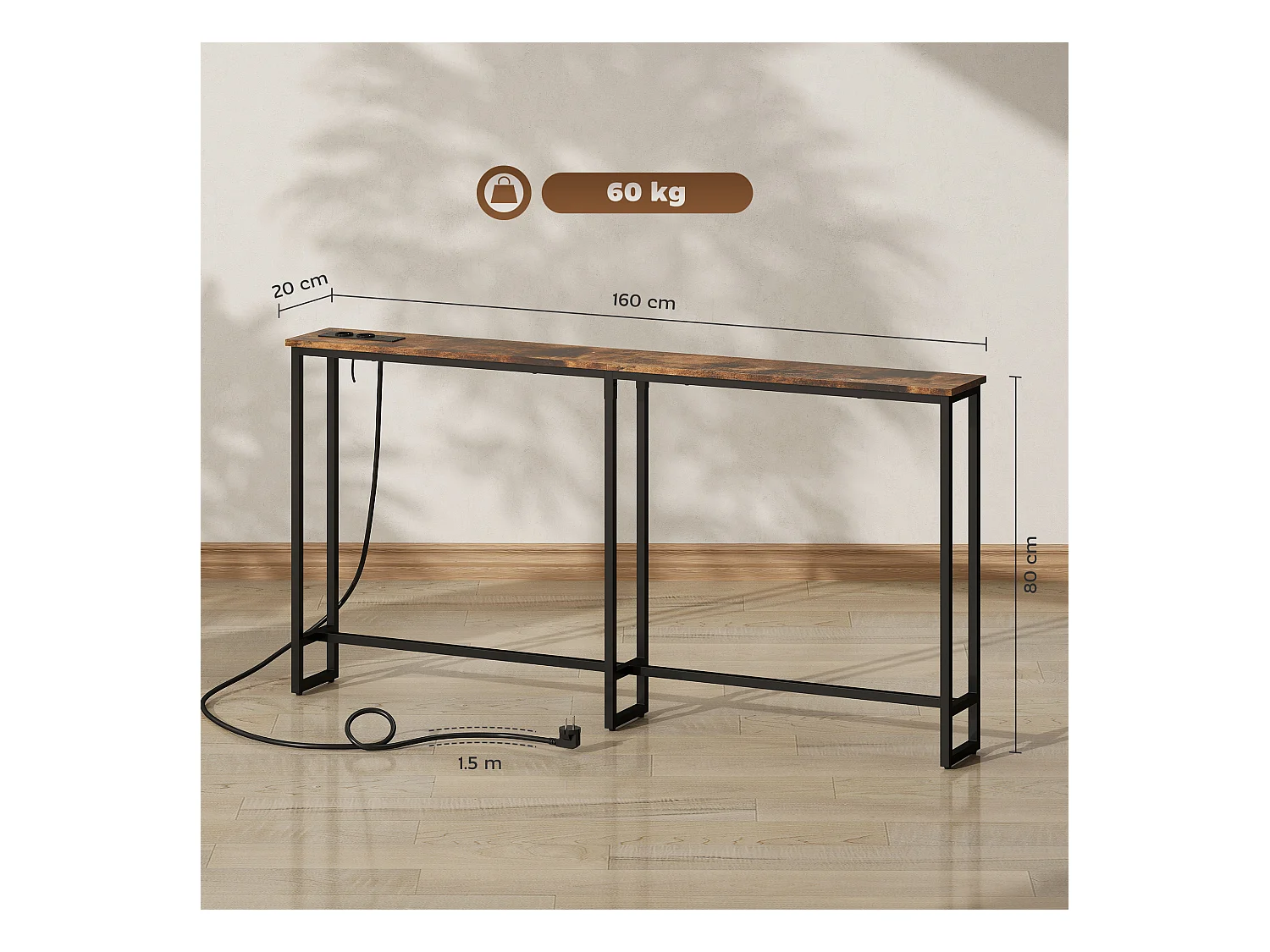 Tavolo consolle in stile industriale con stazione di ricarica marrone