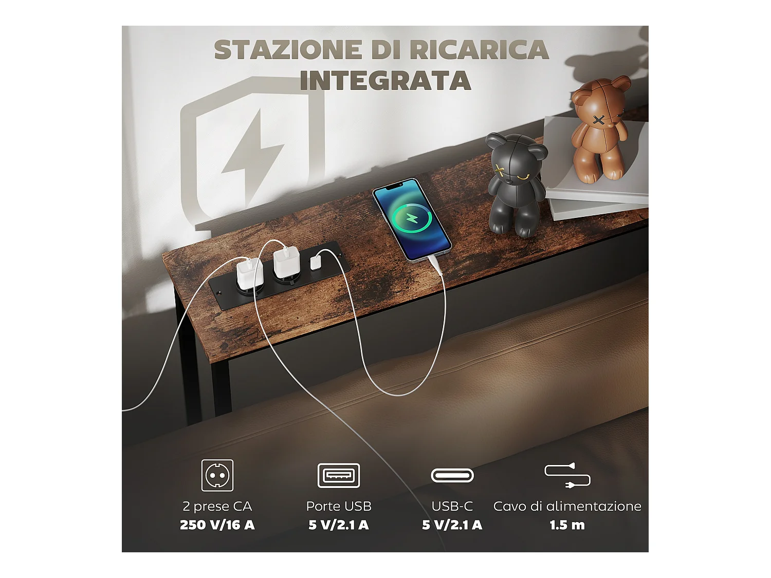 Tavolo consolle in stile industriale con stazione di ricarica marrone