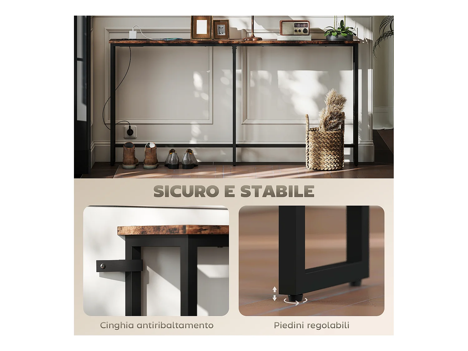 Tavolo consolle in stile industriale con stazione di ricarica marrone