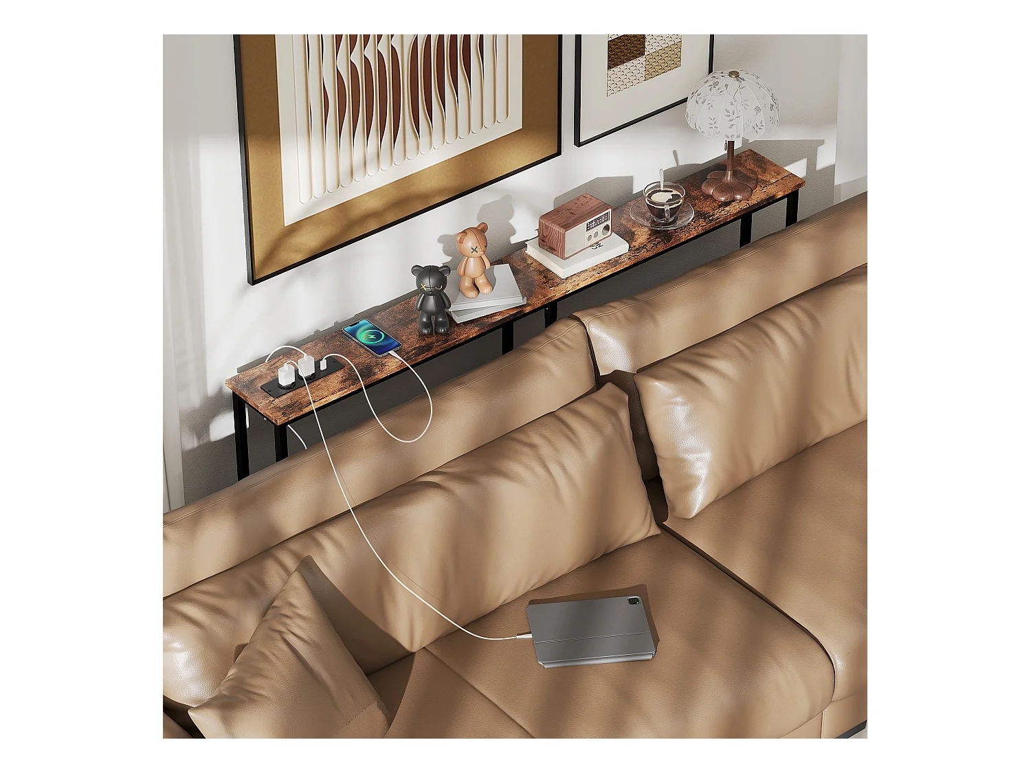 Tavolo consolle in stile industriale con stazione di ricarica marrone