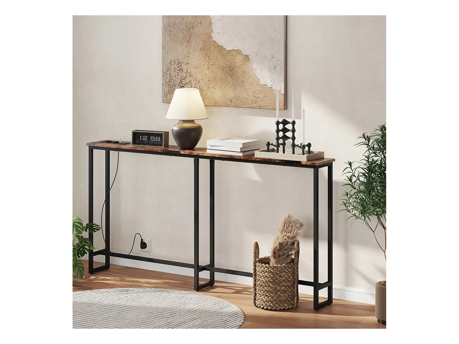 Tavolo consolle in stile industriale con stazione di ricarica marrone
