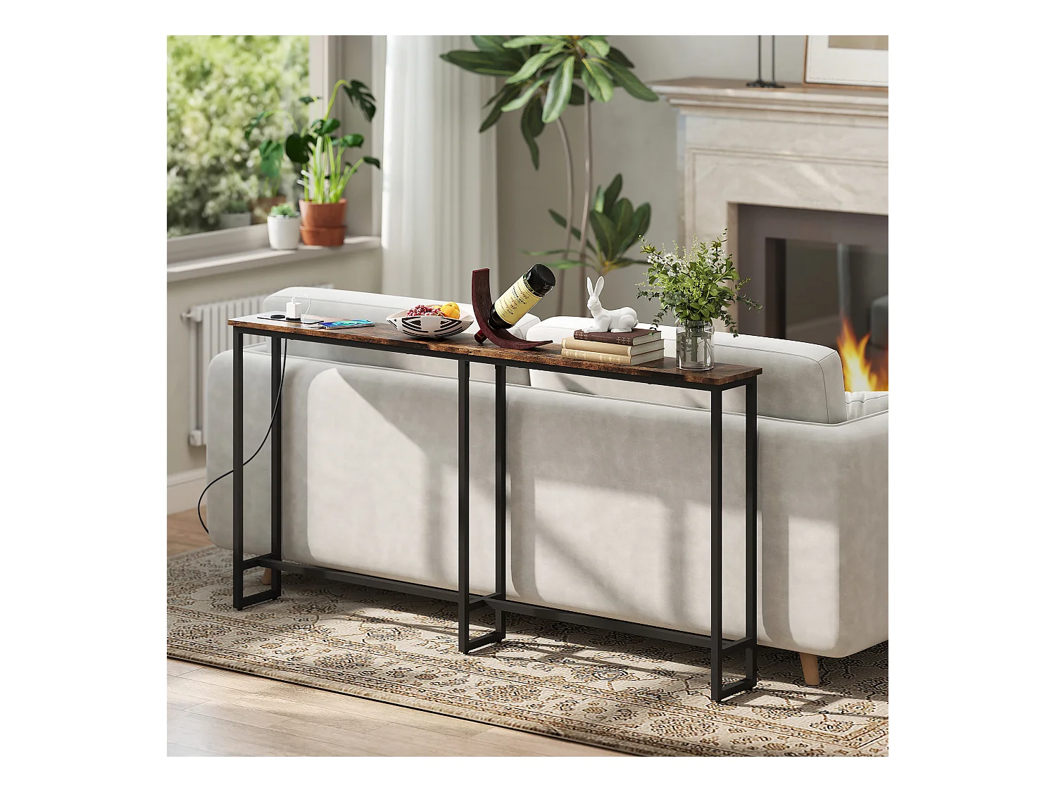 Tavolo consolle in stile industriale con stazione di ricarica marrone