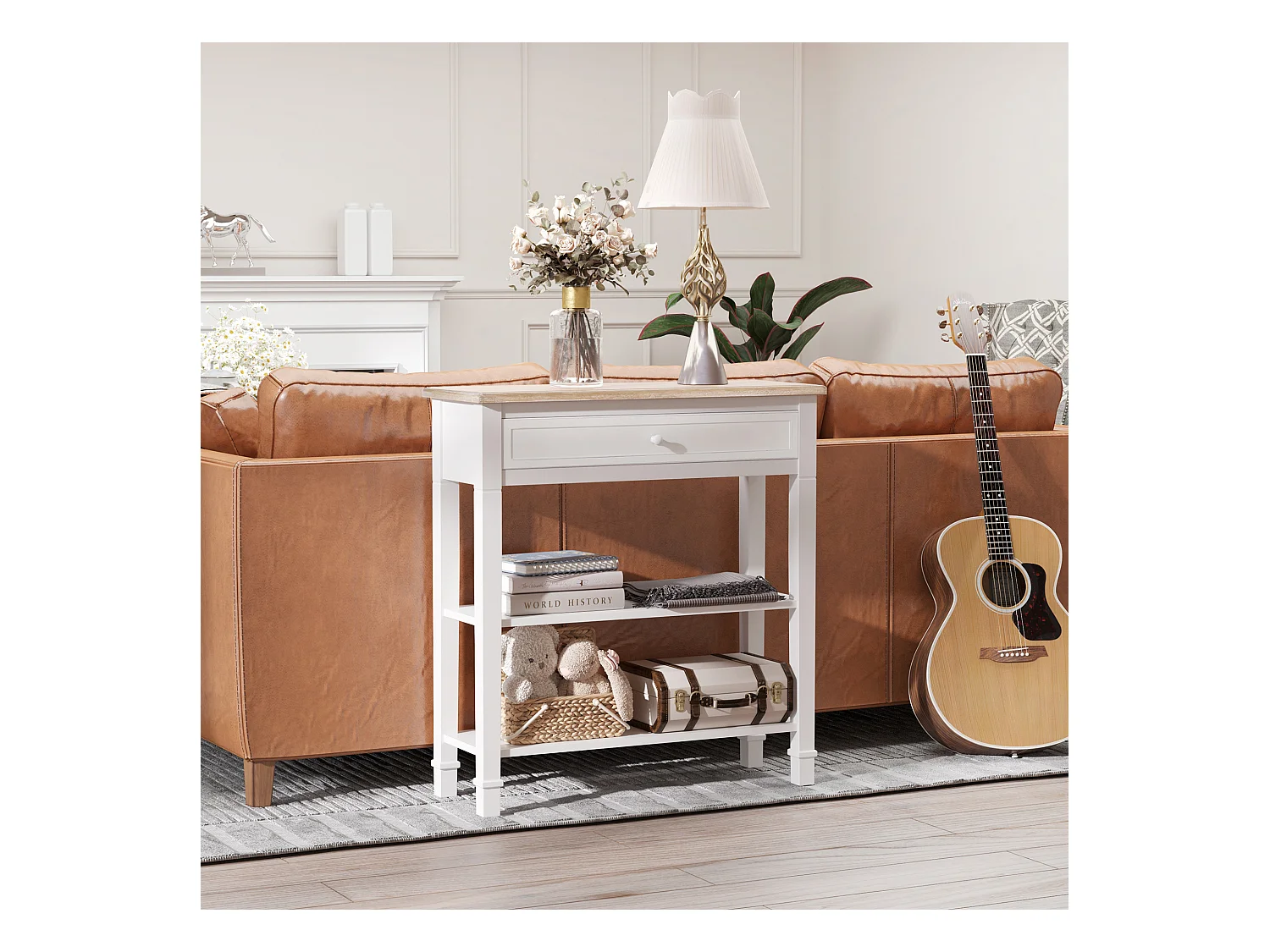 Consolle con cassetto e 2 ripiani mdf bianco e legno