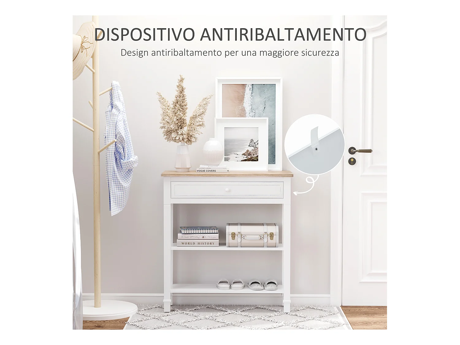 Consolle con cassetto e 2 ripiani mdf bianco e legno