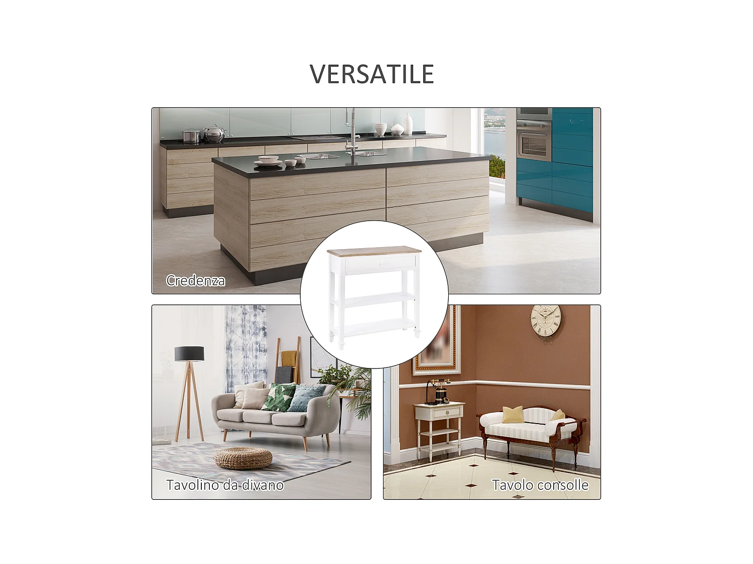 Consolle con cassetto e 2 ripiani mdf bianco e legno