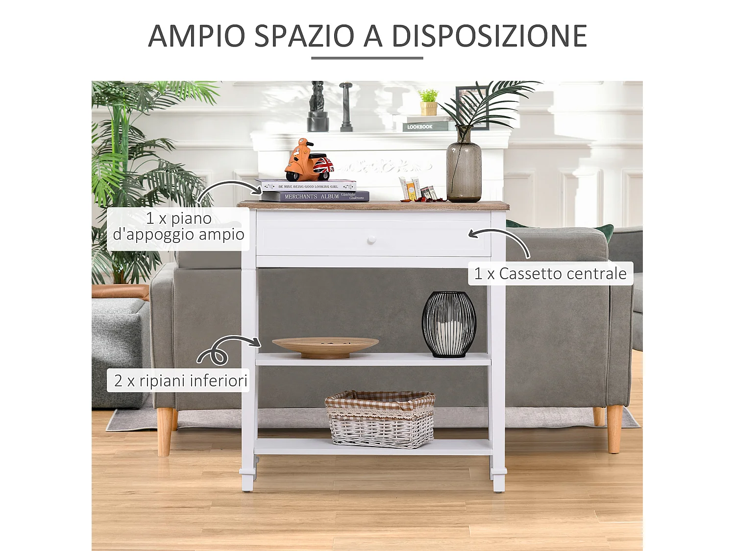 Consolle con cassetto e 2 ripiani mdf bianco e legno