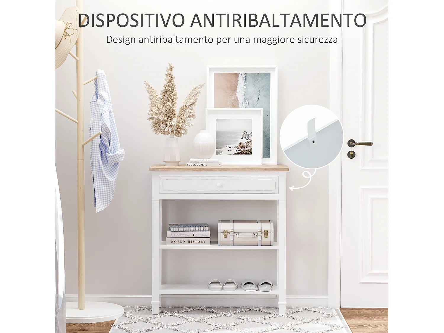Consolle con cassetto e 2 ripiani mdf bianco e legno