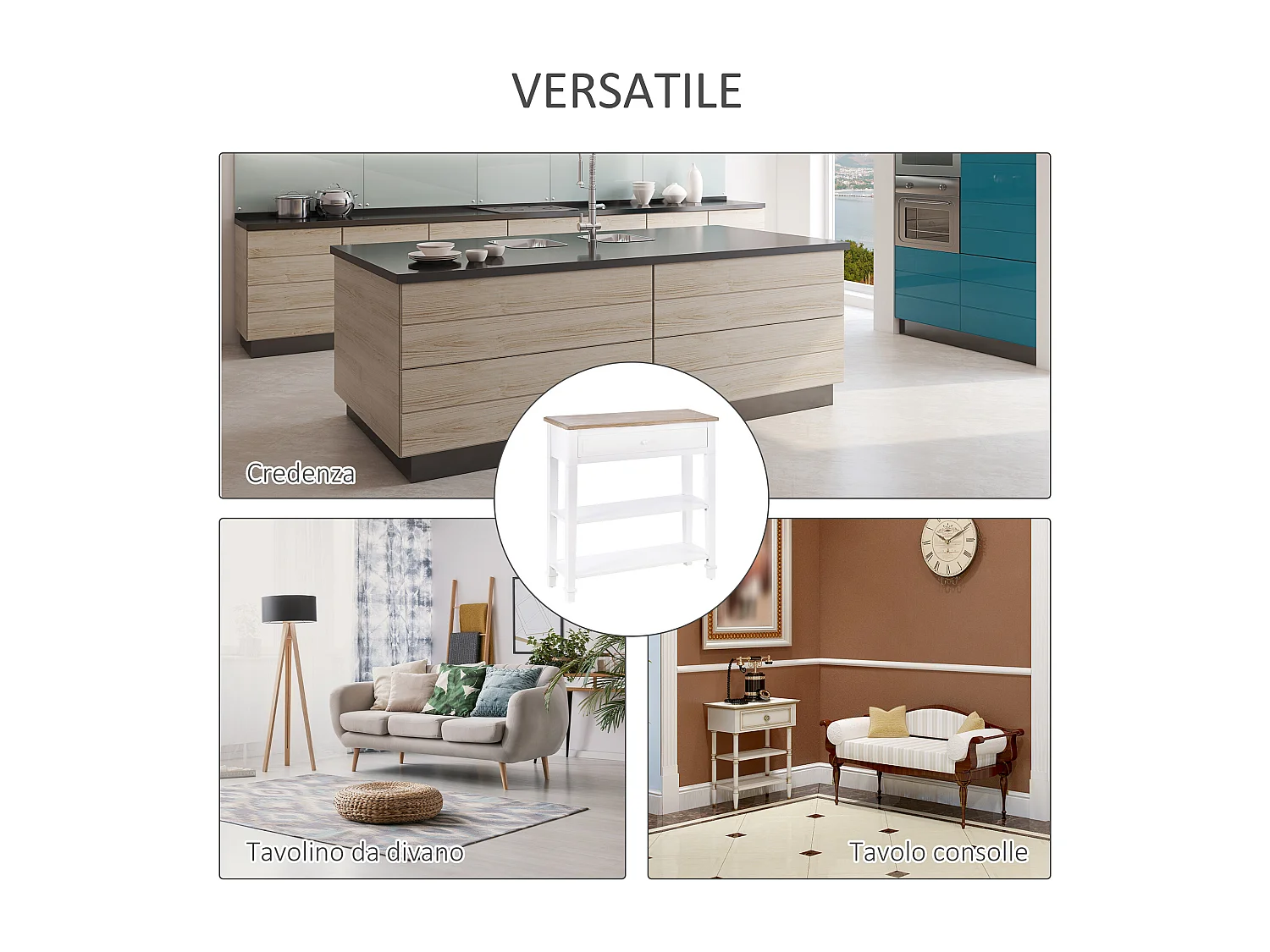 Consolle con cassetto e 2 ripiani mdf bianco e legno