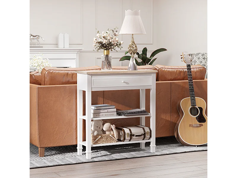 Consolle con cassetto e 2 ripiani mdf bianco e legno