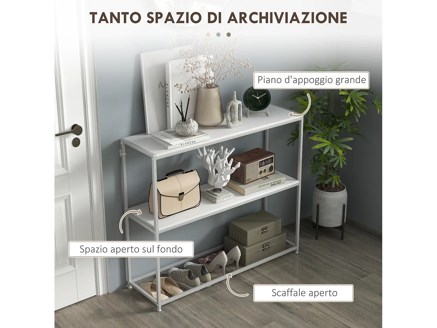 Tavolo consolle con ripiano aperto in acciaio e truciolato bianco