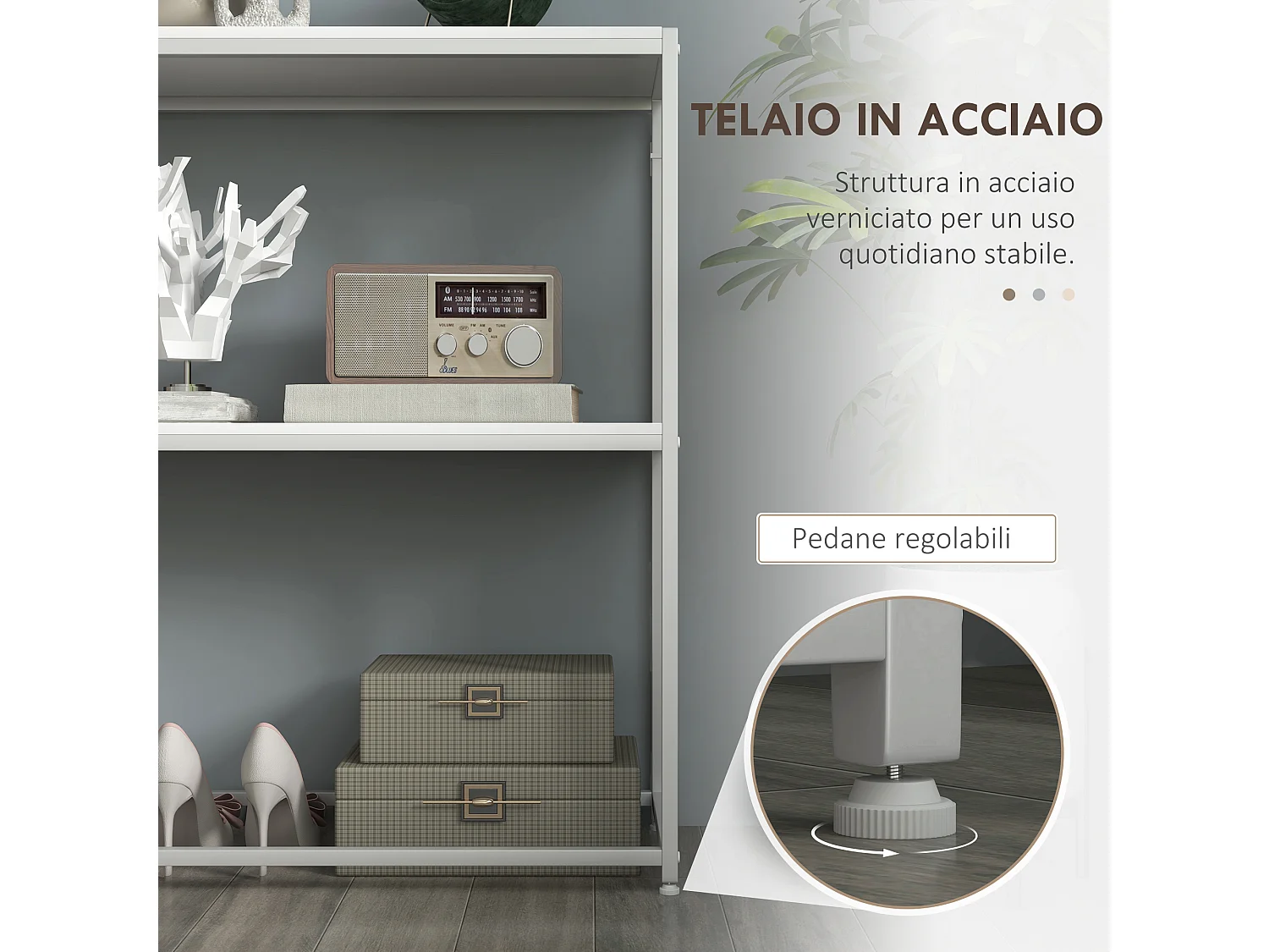 Tavolo consolle con ripiano aperto in acciaio e truciolato bianco