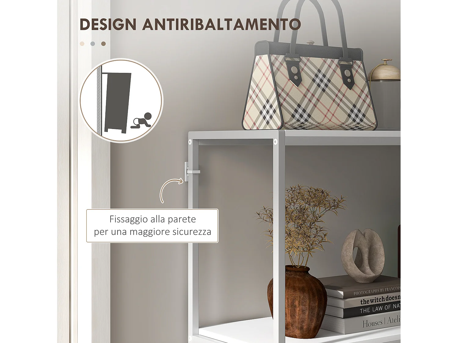 Tavolo consolle con ripiano aperto in acciaio e truciolato bianco