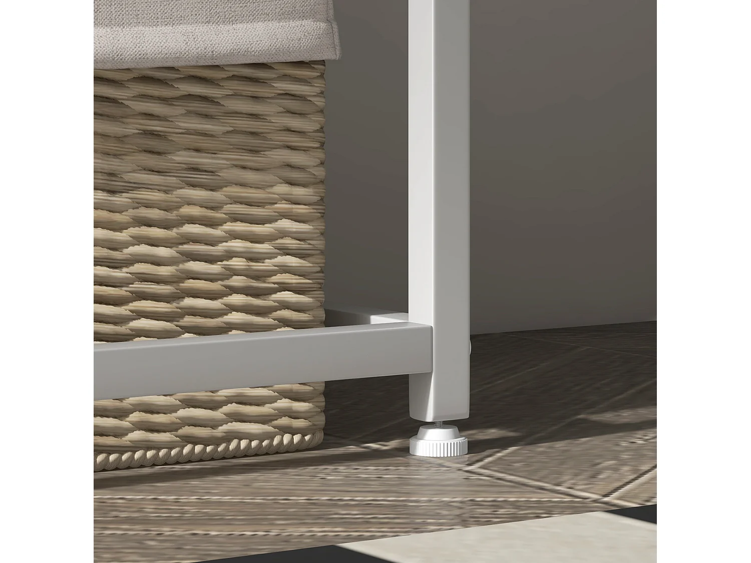 Tavolo consolle con ripiano aperto in acciaio e truciolato bianco