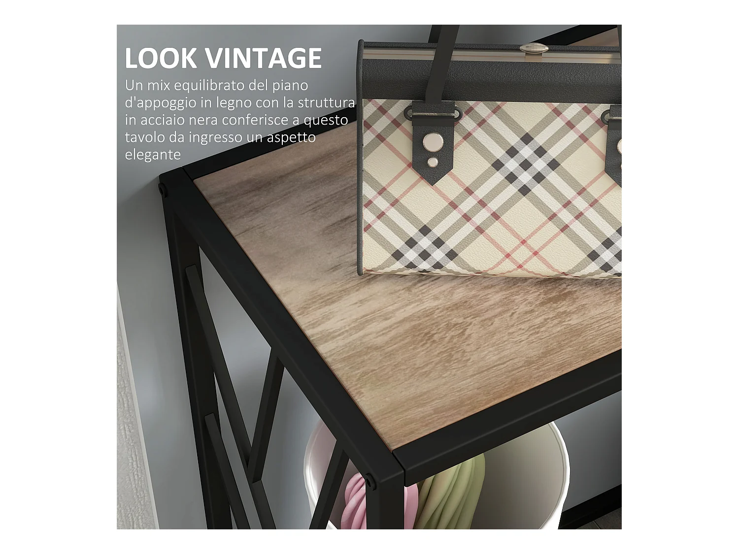 Mobile consolle stile industriale 120x35x75cm acciaio e legno