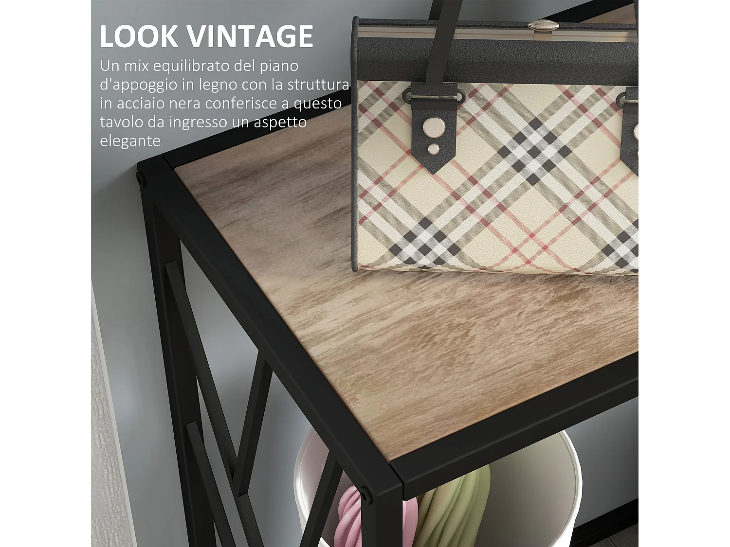 Mobile consolle stile industriale 120x35x75cm acciaio e legno