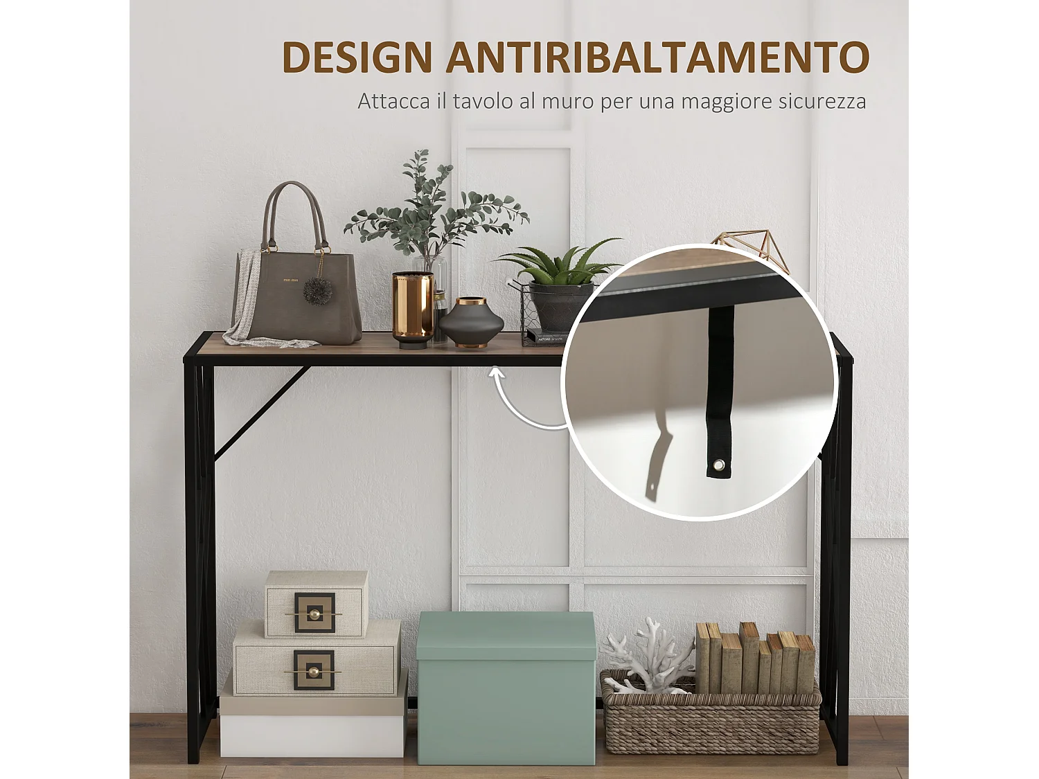 Mobile consolle stile industriale 120x35x75cm acciaio e legno