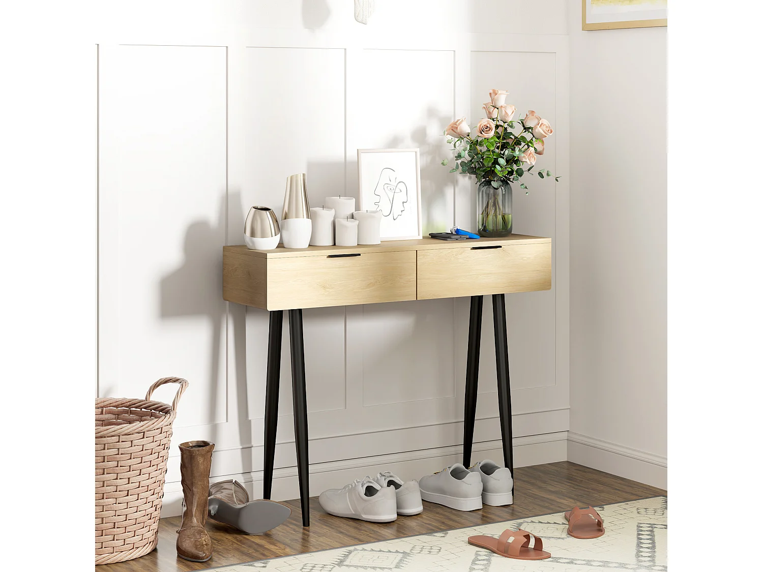Consolle da ingresso con 2 cassetti stile nordico colore rovere